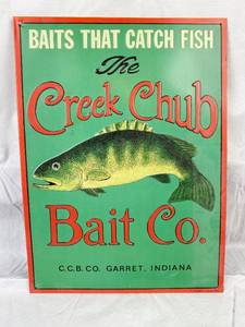 lot 9672 image: Metal Embossed Creek Chub Bait Co. Sign - 11 x 15