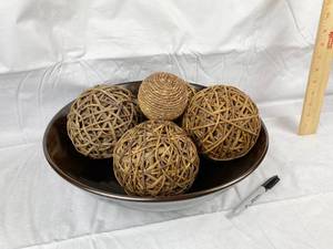 lot 9675 image: Large Deco Bowl with Wicker Ball Accent Pieces - Great Style