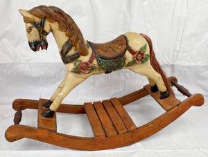 lot 9683 image: Gorgeous and Detailed Wooden Rocking Horse Decorative Figure - Base is almost 2 Feet from front to back. Approx 15 Tall