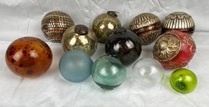 lot 9685 image: Lot of 12 Decorative Glass Balls - Many are Hand Blown and Heavy All are Beautiful