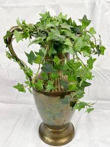 lot 9688 image: Metal Pitcher Vase with Faux Decorative Ivy - India over a foot tall