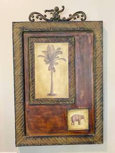 lot 9694 image: Bahama Style Elephant, Palm Tree, Monkey Wall Hanging - 18 x 28
