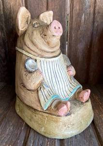 lot 9700 image: Whimsical Pig Statue Recipe Card Holder - by artist Telle M. Stein - The Stone Bunny Inc. - Expensive and Collectible Designer