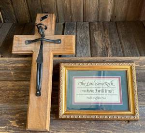 lot 9702 image: Rustic Wrought Iron Crucifix and Religious Wall Art - see photos