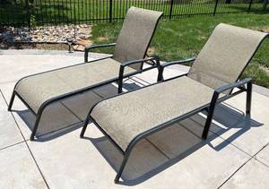 lot 9707 image: Pair of Patio Lounge Chairs - No Rips or Tears in Fabric - Some Weathering on Arm Rests (see pics) Can easily be painted