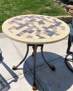 lot 9708 image: Pretty Stone Top patio Table - Base is weathered w some rust but can be repairedpainted see pics - Top is in fantastic shape Also has Umbrella holewplug