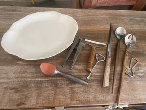 lot 9721 image: Lot of Vintage Kitchen Wares - Platter USA, Wood Handles Serving items, Cheese cutter, Garlic Press and More