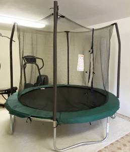 lot 9730 image: Skywalker Trampolines 8 Round Trampoline with Enclosure M# SWTC811 - Always been used Inside - Never Outside VERY NICE Condition (see pics)