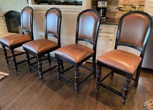 lot 9698 image: Leather and Wood Bar Stool Chairs - Heavy, sturdy design - see pics