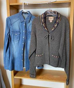 lot 9958 image: Ladies Woolrich Jacket Sweater and Love Stitch Denim Shirt - both size Medium - High Dollar Pieces VERY NICE