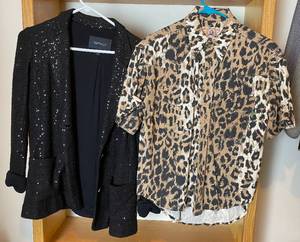lot 9967 image: Super Fun Ladies Fashions Sequined Fancy Karen Kane Black Jacket and Fun Gene Ewing Bis Denim Leopard Print Shirt - sizes smallpetite - LIKE NEW