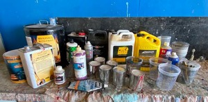 lot 3243 image: Big Chemical Lot with Lots of Reusable Paint Cans - From Auto Body Shop