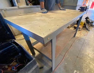 lot 3357 image: Metal Shop Table - 6 ft Wide x 28 in Deep x 3 ft Tall