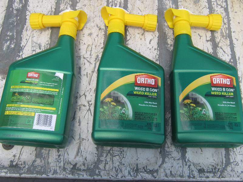 lot 7031 image: 3 ct. lot Ortho Weed B Gon Weed Killer for lawns 32 oz. plastic bottles ready to spray 8-10,000 sq. ft. area per bottle