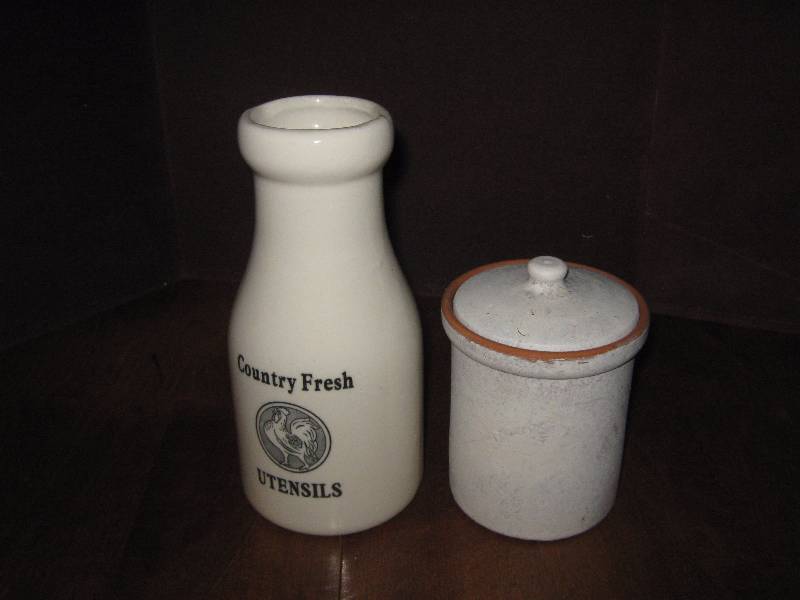 lot 7099 image: 2 ct. lot stoneware butter keeper and utensil carafe