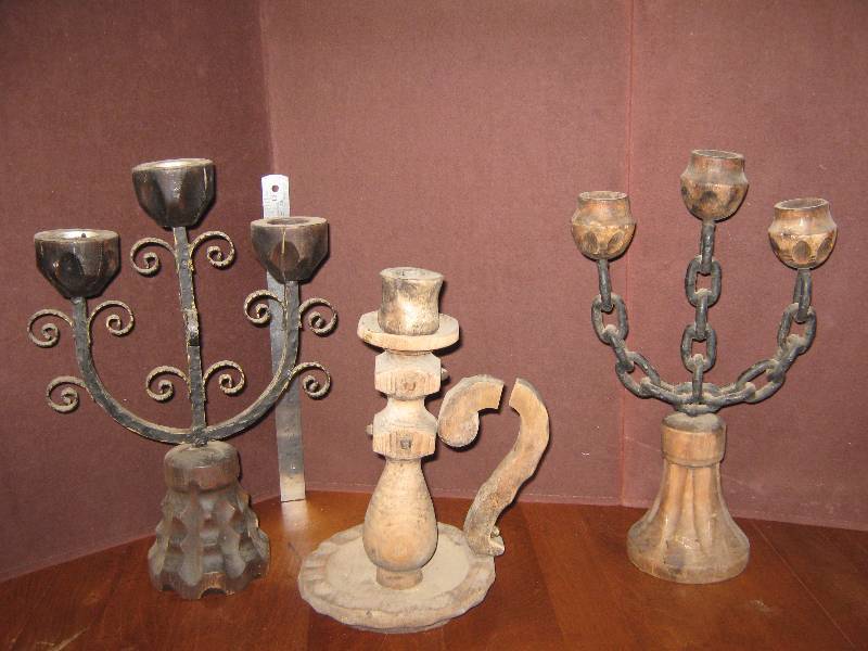 lot 7105 image: 3 decorative wooden and wrought iron candle stands, perfect for renaissance, Halloween props