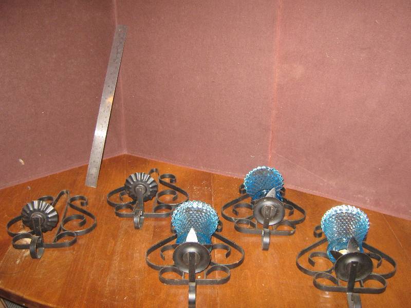 lot 7117 image: 5 metal wall sconces, three with blue candle holders