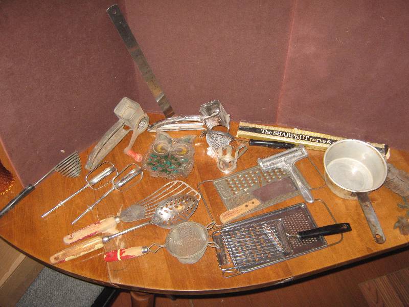 lot 7118 image: Bushel basket of old kitchen utensils to be used for crafts or props, windchimes, etc.