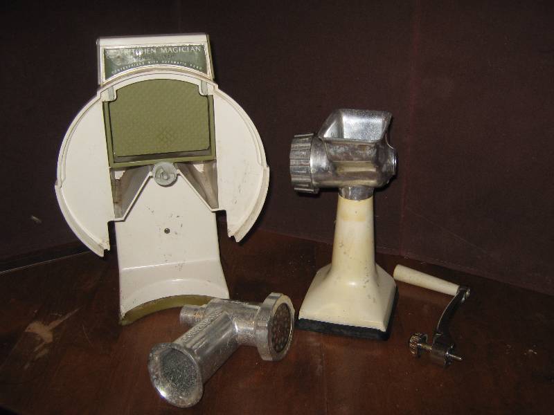 lot 7121 image: Meat grinder and slicer, incomplete-- may need additional parts