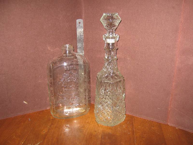 lot 7123 image: Vintage Glass Decanter and irradescent Wine Bottle