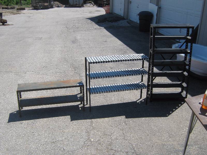 lot 7135 image: 3 ct. lot metal shelves, (1) Black, (1) painted black and white, (1) gray