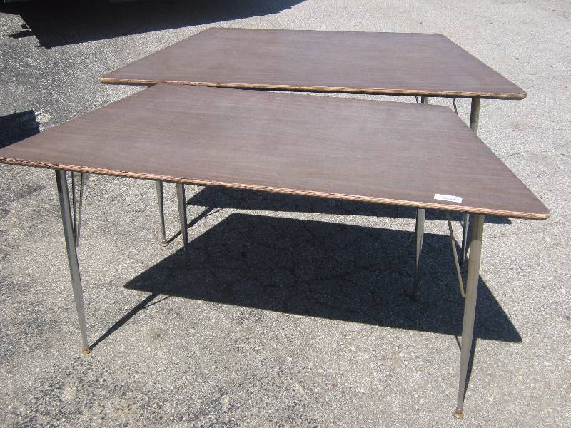 lot 7137 image: 2 ct. lot school type tables, metal legs, wooden tops w veneer overlay