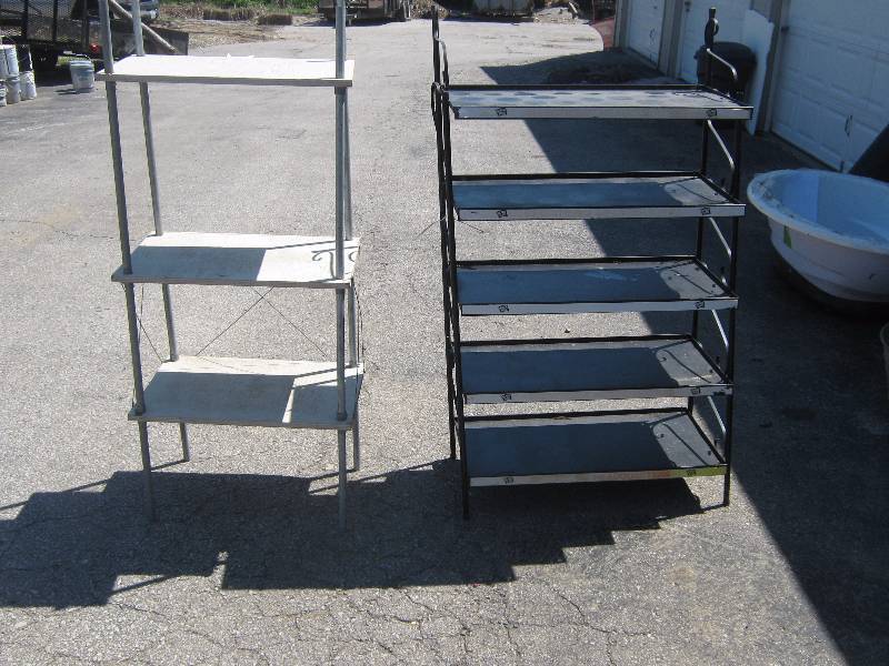 lot 7139 image: 2 ct lot shelves, (1) Metal Black Flag display shelf, (1) handmade wooden shelf with metal poles