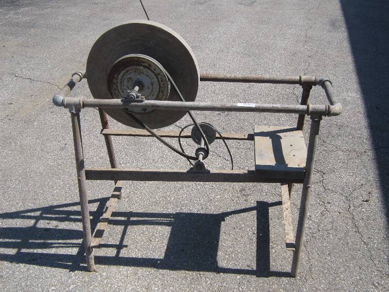 lot 7145 image: Large Stone grinding Wheel on Metal Stand, no motor 19 diameter wheel x 23-14 wide, stand 45 x 13 x 32 tall