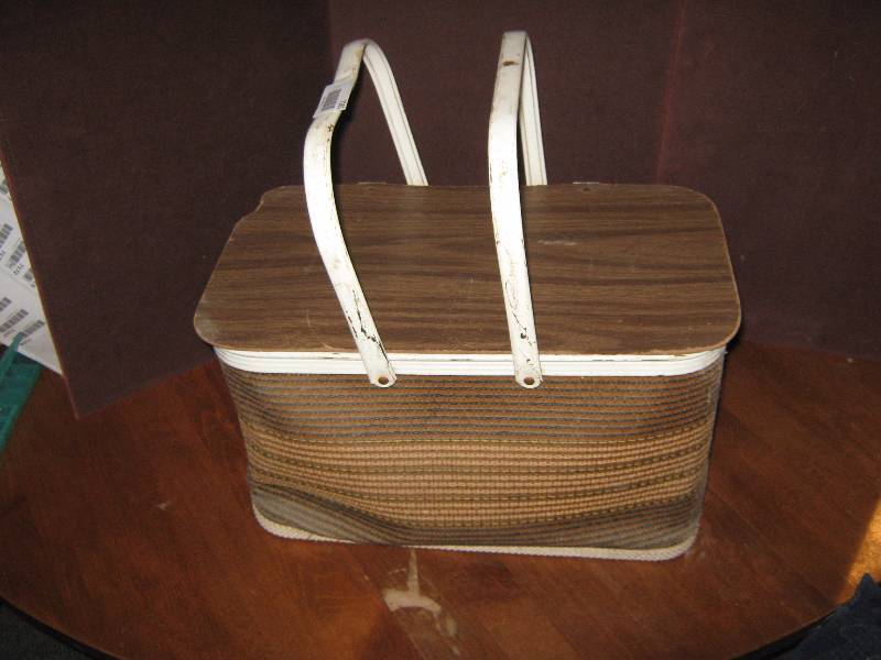 lot 7161 image: Wicker and cardboard Picnic Basket with metal handles