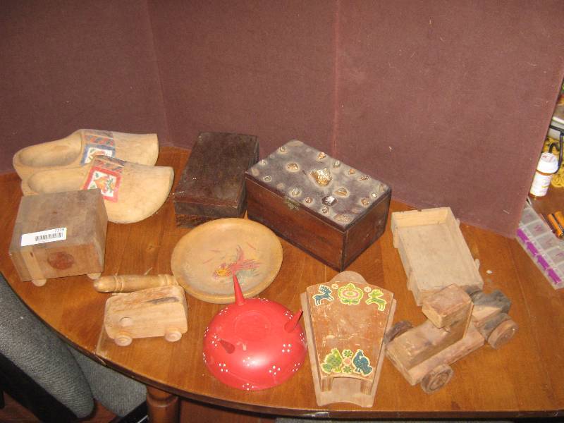lot 7179 image: 10 ct. lot wooden kitch- boxes, knife holder, candy dish, clogs