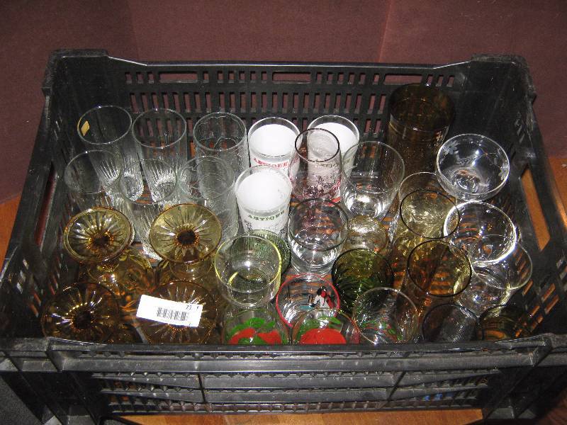lot 7187 image: Large lot of mixed glassware tumblers, water glasses, stemware, mixed colors and styles