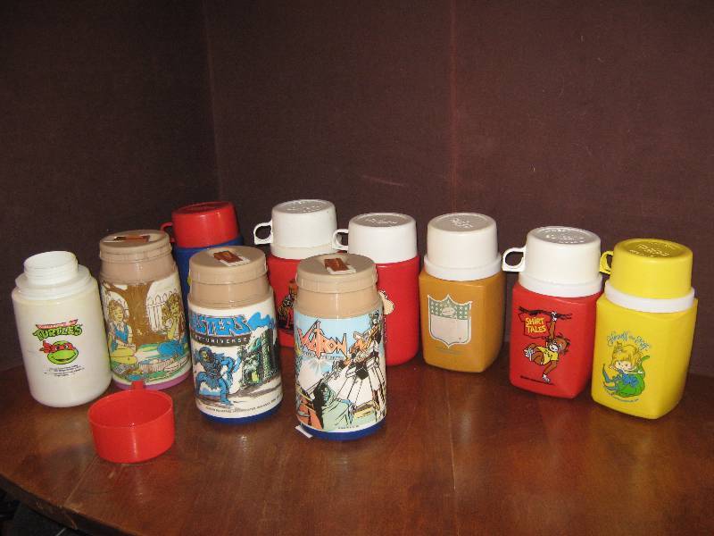 lot 7196 image: 10 ct. lot kids character lunch box Thermos, Herself the Elf, Mr. T, Teenage Mutant Ninja Turtle, NFL, others