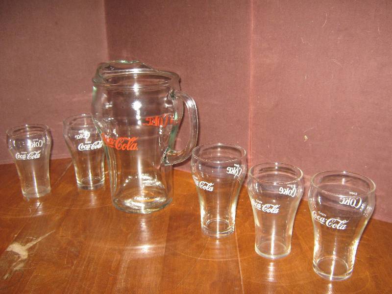 lot 7201 image: 6 ct. lot Coke Pitcher and 5 small Coke glasses