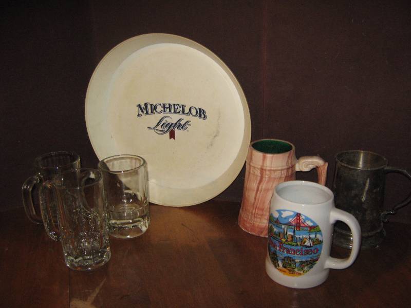 lot 7202 image: Plastic Michelob Serving Tray and mugs and steins, 7 pcs.