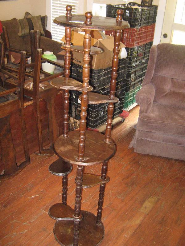 lot 7215 image: Wooden Knick- Knack Shelf 5 tall, small  shelves are able to turn