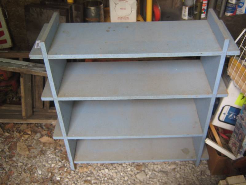 lot 7237 image: Light Blue Painted Compressed Wood shelf 3 x 1 x 35 tall