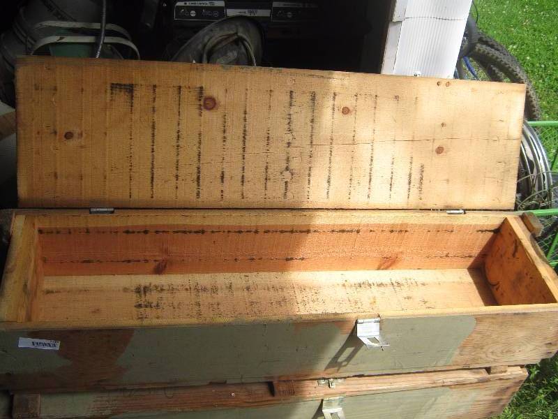 lot 7239 image: Wooden Ammunition Crate w rope handles 47 x 1 x 10 tall