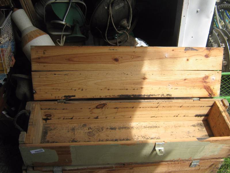 lot 7240 image: Wooden Ammunition Crate w rope handles 47 x 1 x 10 tall