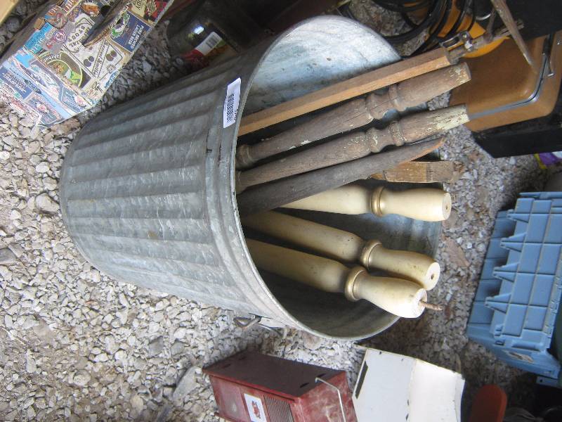 lot 7250 image: Galvanized trash can with old table legs (7) for repurpose  craft  projects