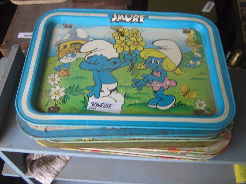 lot 7251 image: 9 ct. lot metal trays assorted characters and advertisements- Strawberry Shortcake, Smurfs, Cabbage Patch Kids, Others