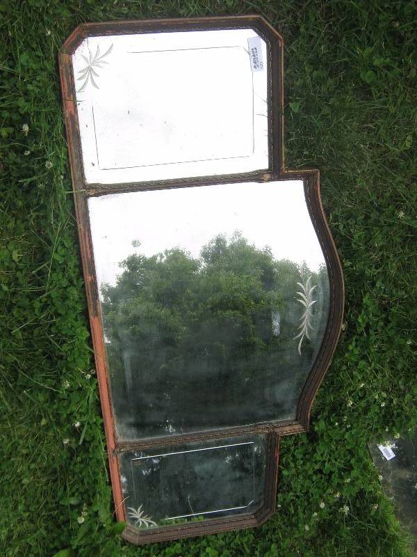 lot 7274 image: Vintage Mirror w Ornate frame, 3 sections, etched glass, beveled edge 52 x 24 at tallest point