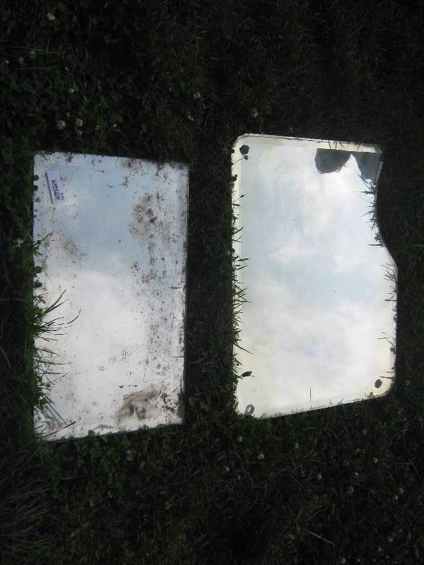 lot 7275 image: 2 ct. lot vintage mirror pieces, 24 x 14 beveled rectangle 38 thick, 28 x 22 x 14 thick cut or chunk missing