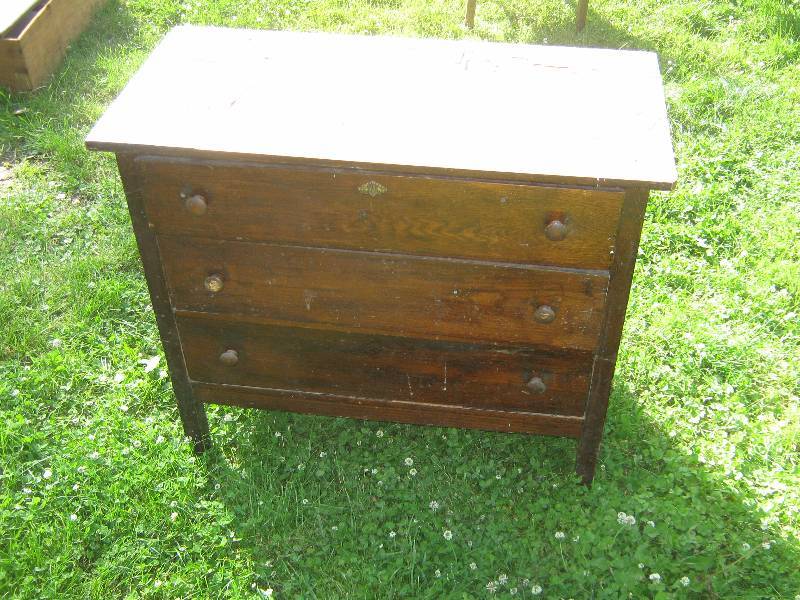 lot 7284 image: Vintage Wooden Dresser, with veneer top, 38 x 18 x 33 tall, veneer top is damaged