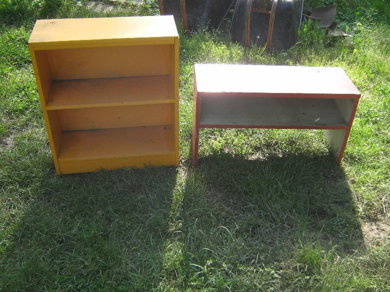 lot 7289 image: Yellow book shelf 24 x 10 28 tall Red shelfbench with hinged top 31 x 12 x 17