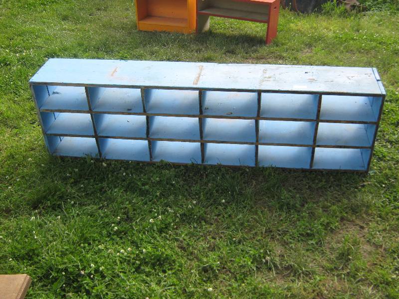 lot 7290 image: Large Light Blue Cubby Shelf, 18 slots, 74 x 12 x 22 tall