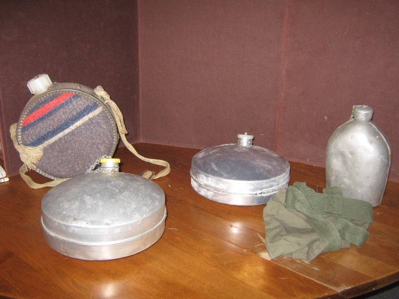 lot 7295 image: 4 ct. lot metal canteens one with green bag