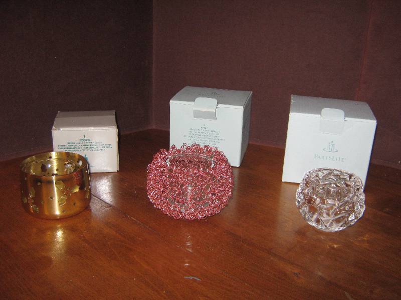 lot 7302 image: 3 ct. lot Party Lite Votive Holders, squiggles, Christmas Brass, Glacier