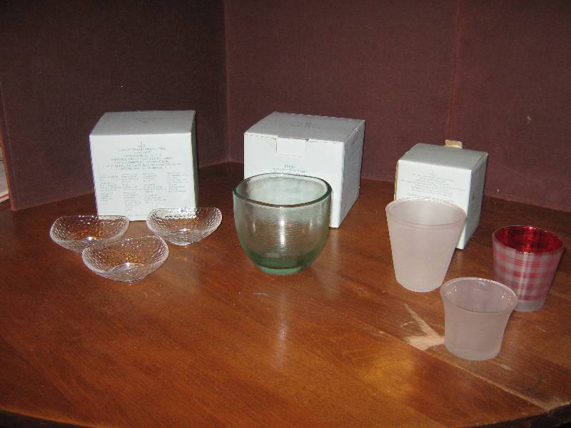 lot 7303 image: Party Lite Votive Holders, Clarity (3 pcs.) spun green glass, modern creations, plaid glass, frosted glass