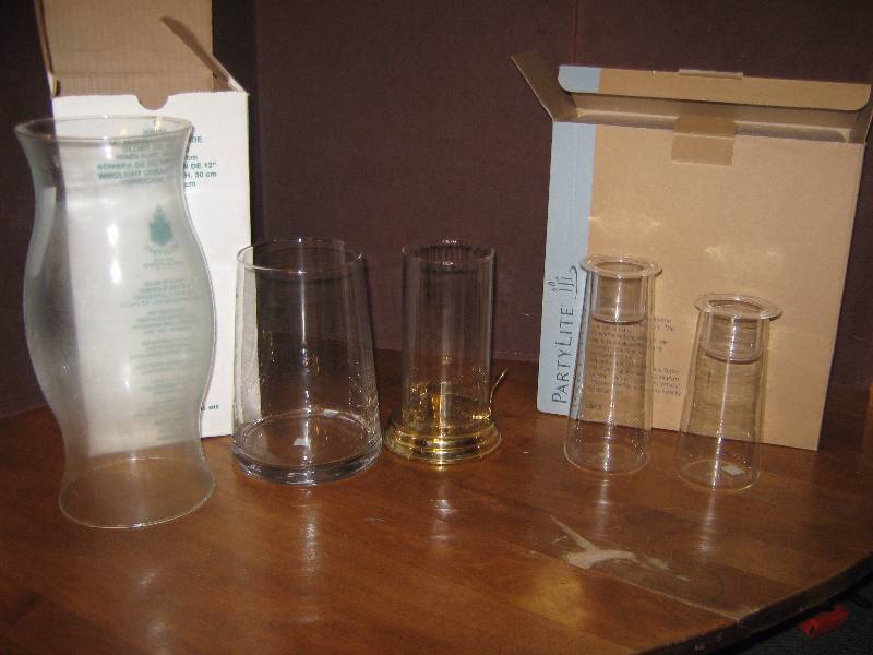 lot 7307 image: Party Lite Lot Hurricane Shade 12, Symmetry Duo, Glass 2 pc, brass stand