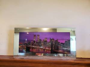 lot 3586 image: Lighted portrait of the Brooklyn Bridge and twin towers 39 X 19
